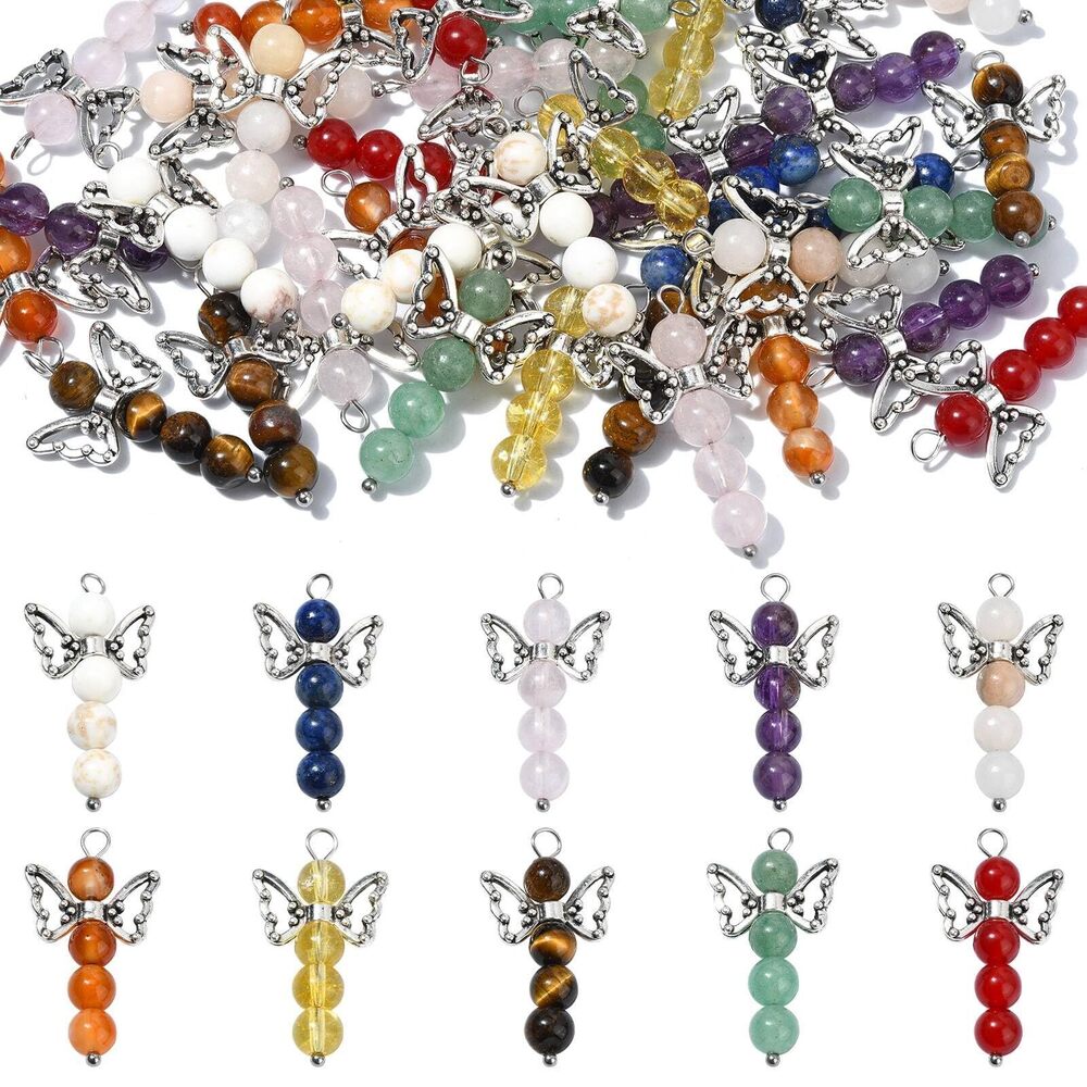 3138 40Pcs Natural Gemstone Angel Charms 10 Styles Fairy Charms Colorful